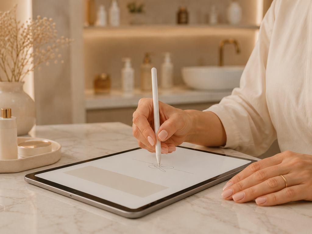 Mains d'une esthéticienne signant numériquement un formulaire de consentement client sur tablette avec stylet