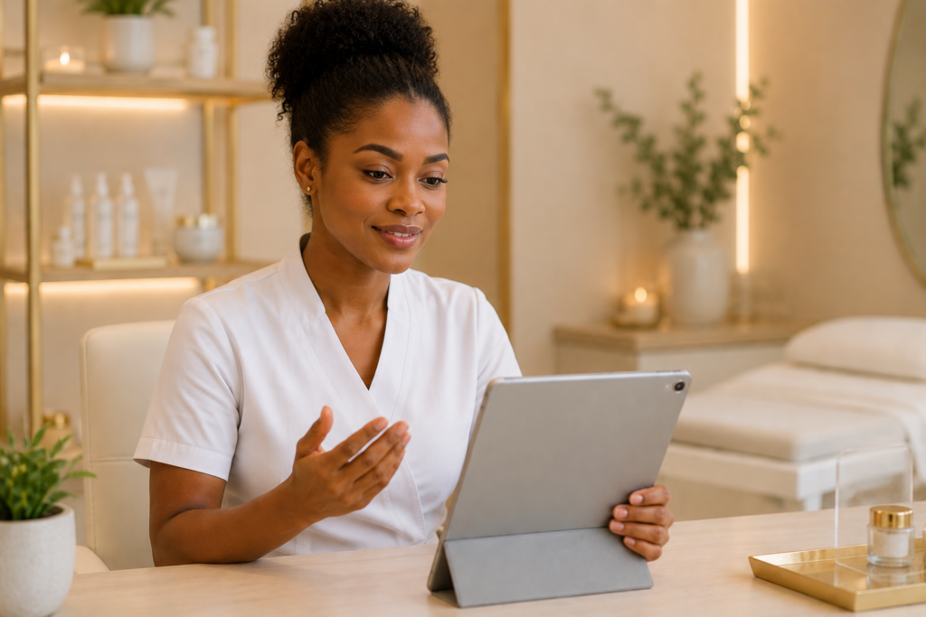 Esthéticienne en cabine effectuant une consultation médicale à distance via tablette pour encadrer une prise en charge sensible