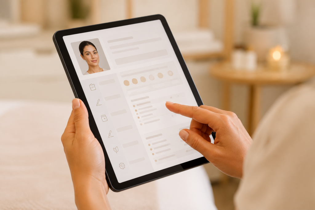 Fiche cliente digitalisée affichée sur tablette avec centralisation des documents, signatures et suivis de séance