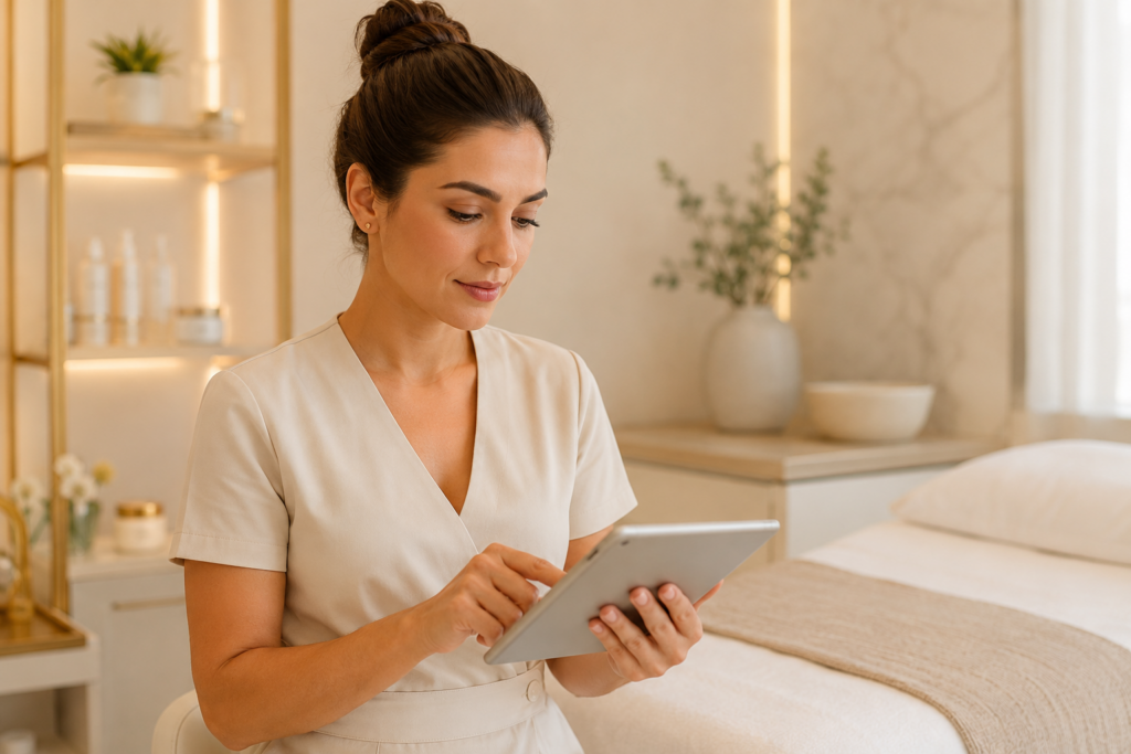 Esthéticienne en uniforme crème utilisant une tablette pour gérer le parcours client dans une cabine d'épilation durable