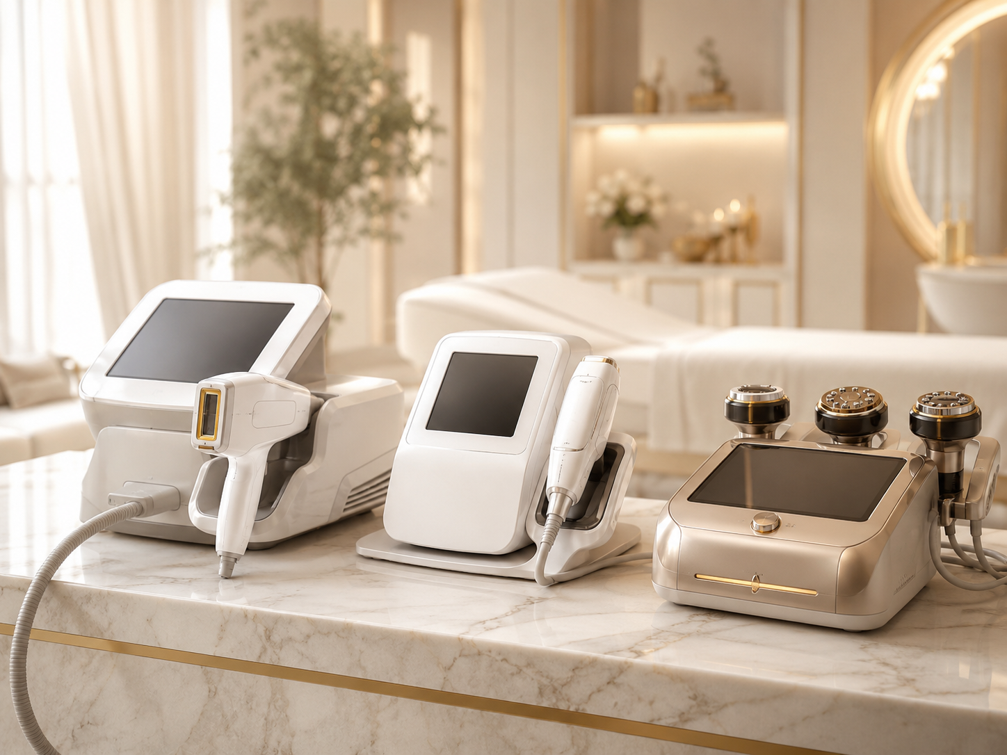 Plusieurs appareils esthétiques (laser, HIFU, radiofréquence) illustrant l'ensemble des technologies disponibles sur Skin Partners