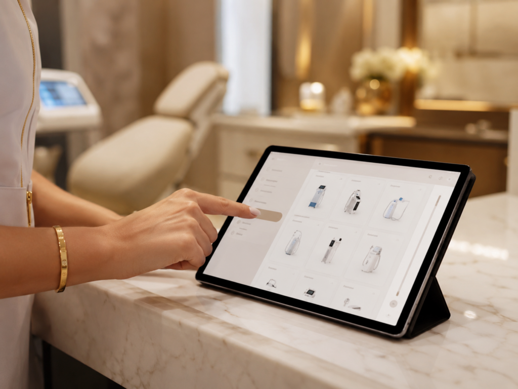 Esthéticienne sélectionnant une technologie pratiquée sur tablette pour adapter automatiquement le parcours client avec Skin Partners