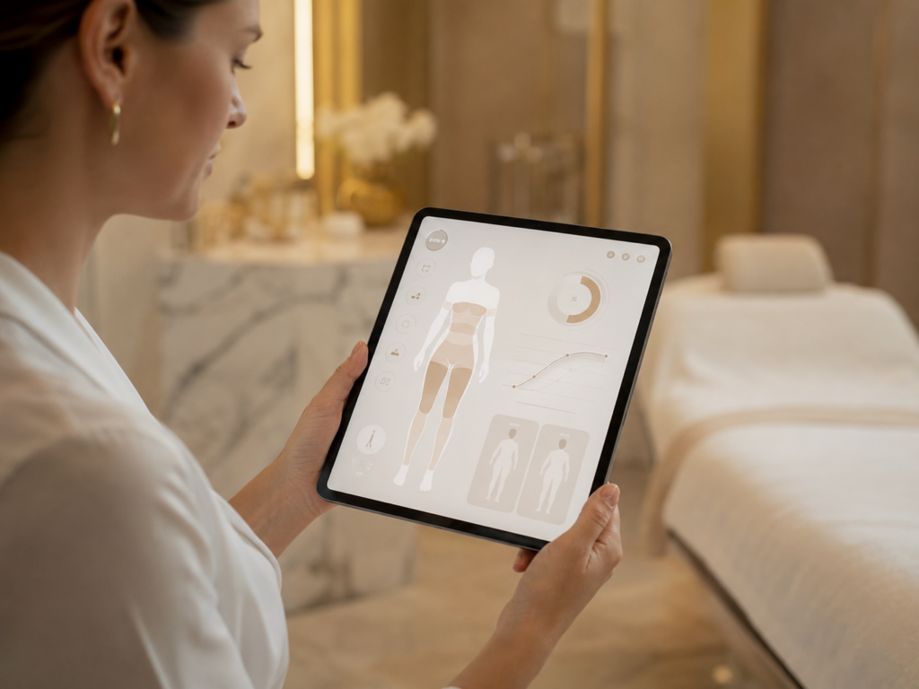 Esthéticienne présentant un bilan silhouette avec zones de mesure et suivi d'évolution sur l'application Skin Partners