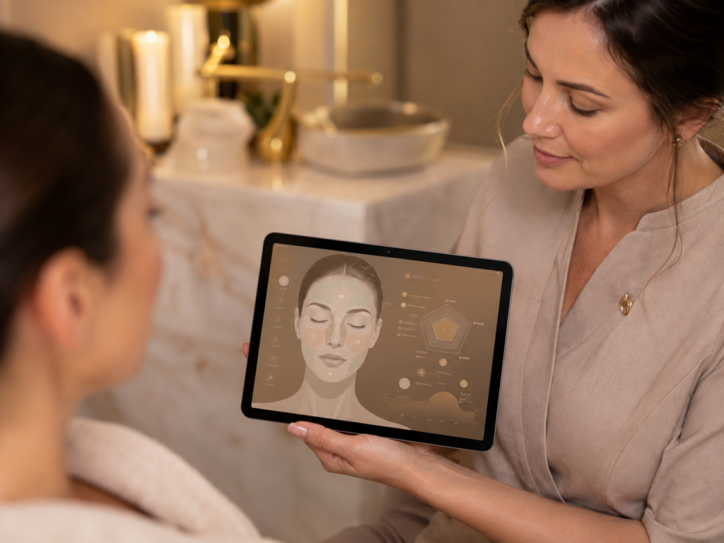 Esthéticienne réalisant un diagnostic visage complet sur tablette avec l'application Skin Partners pour construire un parcours de soins personnalisé
