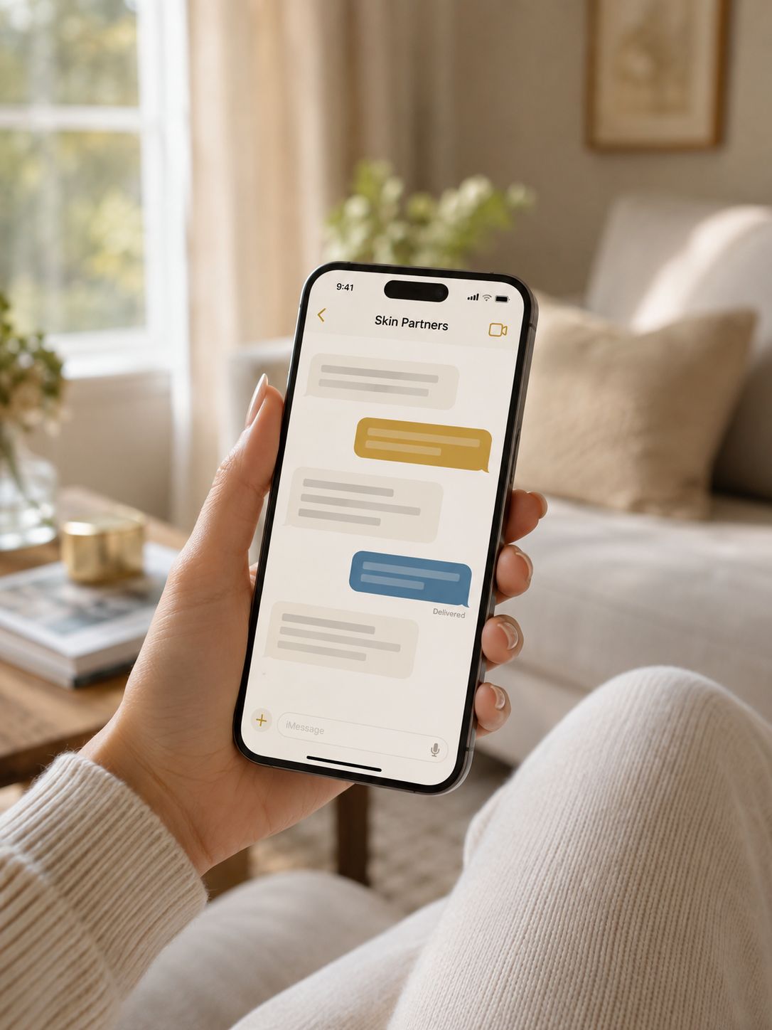 Cliente recevant chez elle un SMS automatique de recommandations post-séance envoyé par Skin Partners